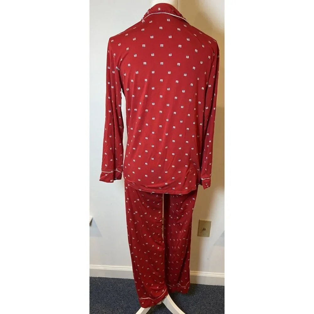 Eberjey 2 Piece Pajama Set Long Sleeve Pants Red Presents Christmas Holiday XS